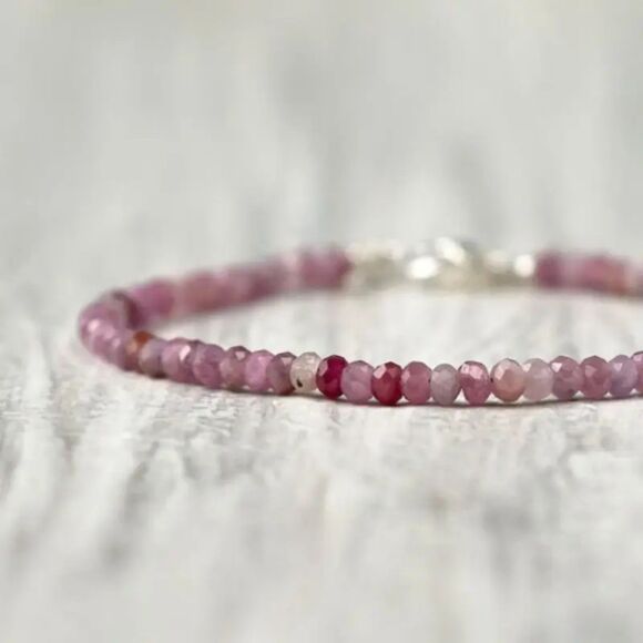 Pink Tourmaline Natural Stone Beaded Bracelet Anklet Adjustable Gemstone Dainty - Picture 3 of 6